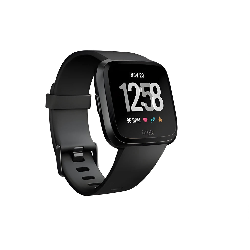 Black waterproof smart watch with heart rate monitoring on a silicone wrist strap.