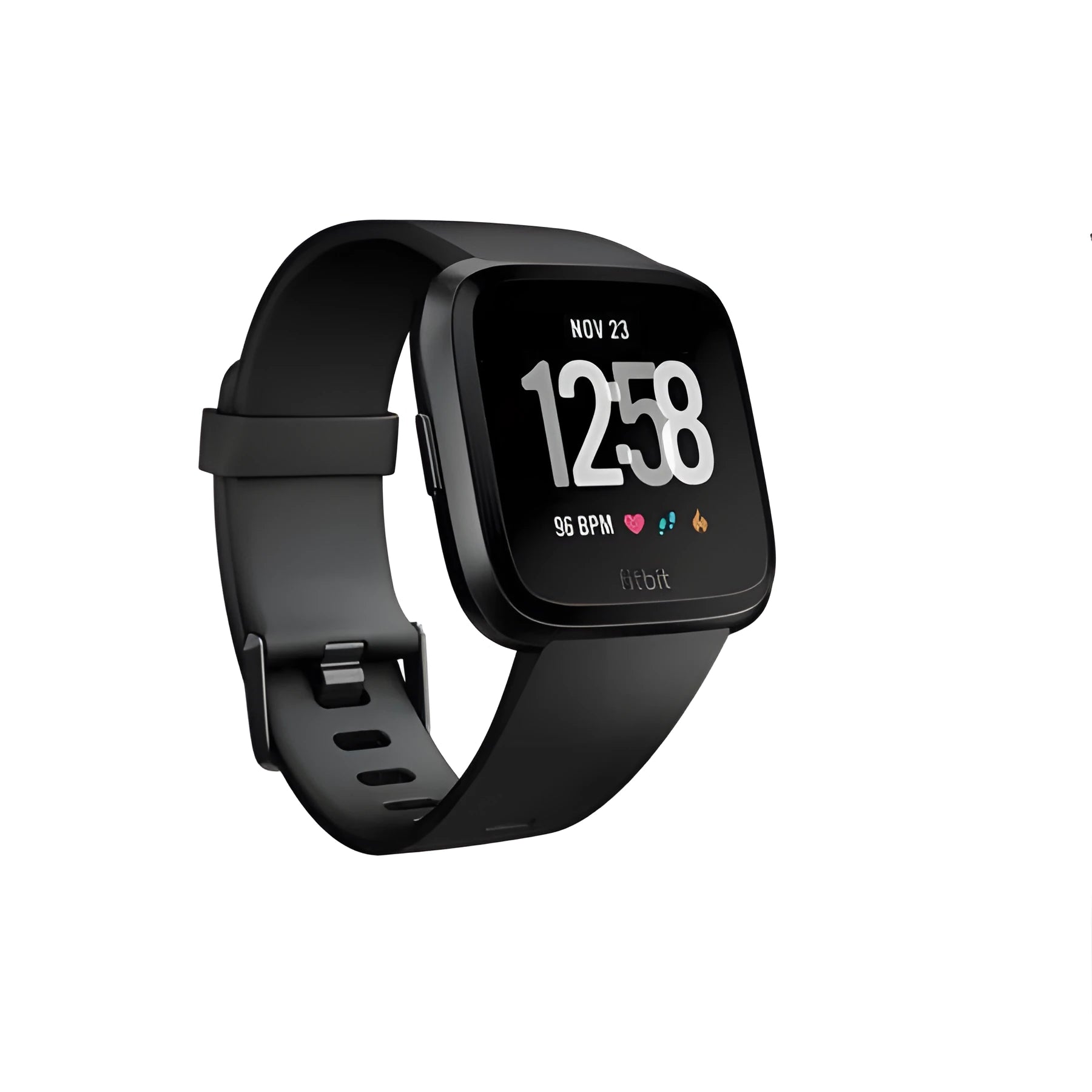 Black waterproof smart watch with heart rate monitoring on a silicone wrist strap.