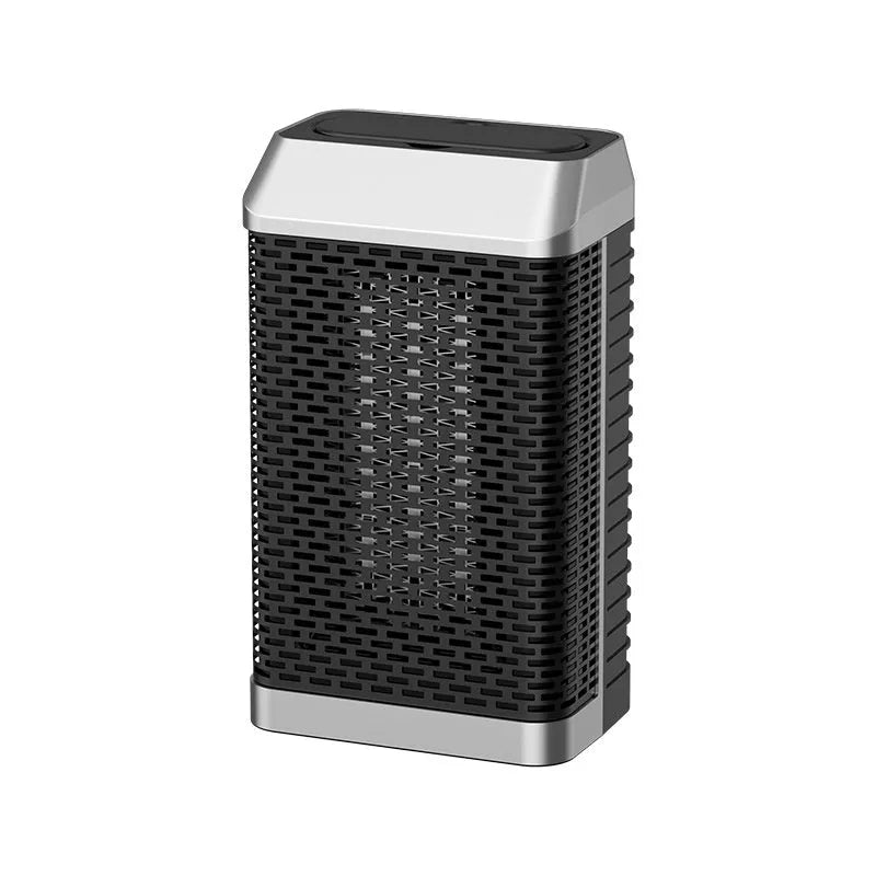 Black desktop electric heater with remote control, showing front knob and compact size for desk use