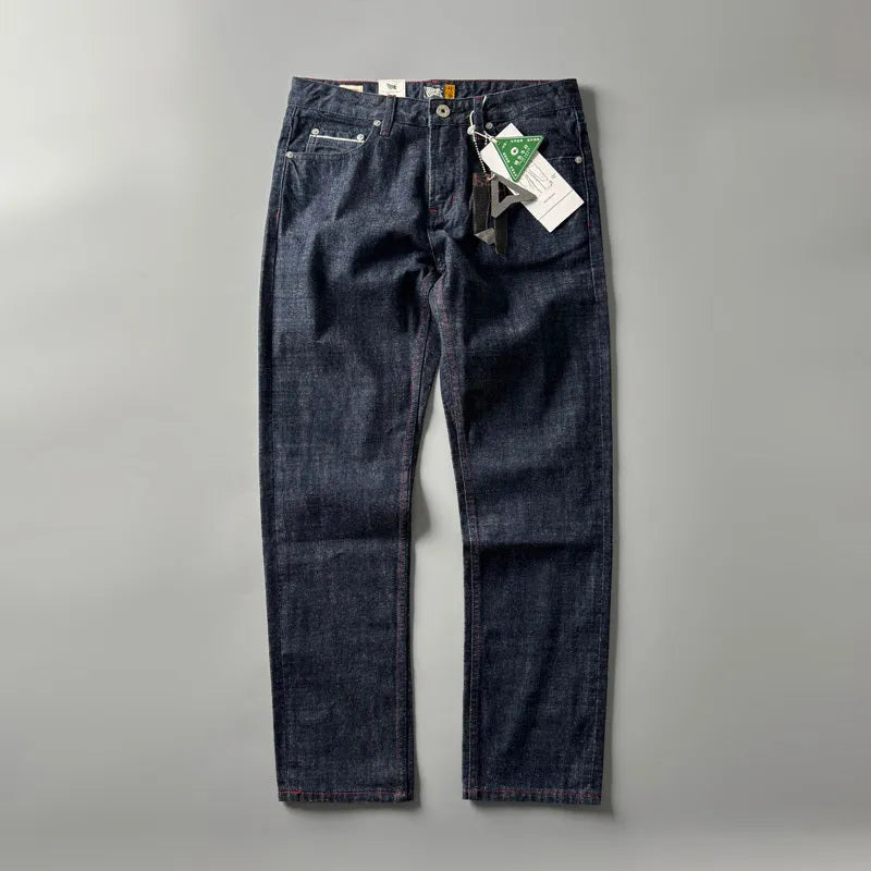 Men's straight-leg denim trousers in primary colour with American retro styling and mid-waist design