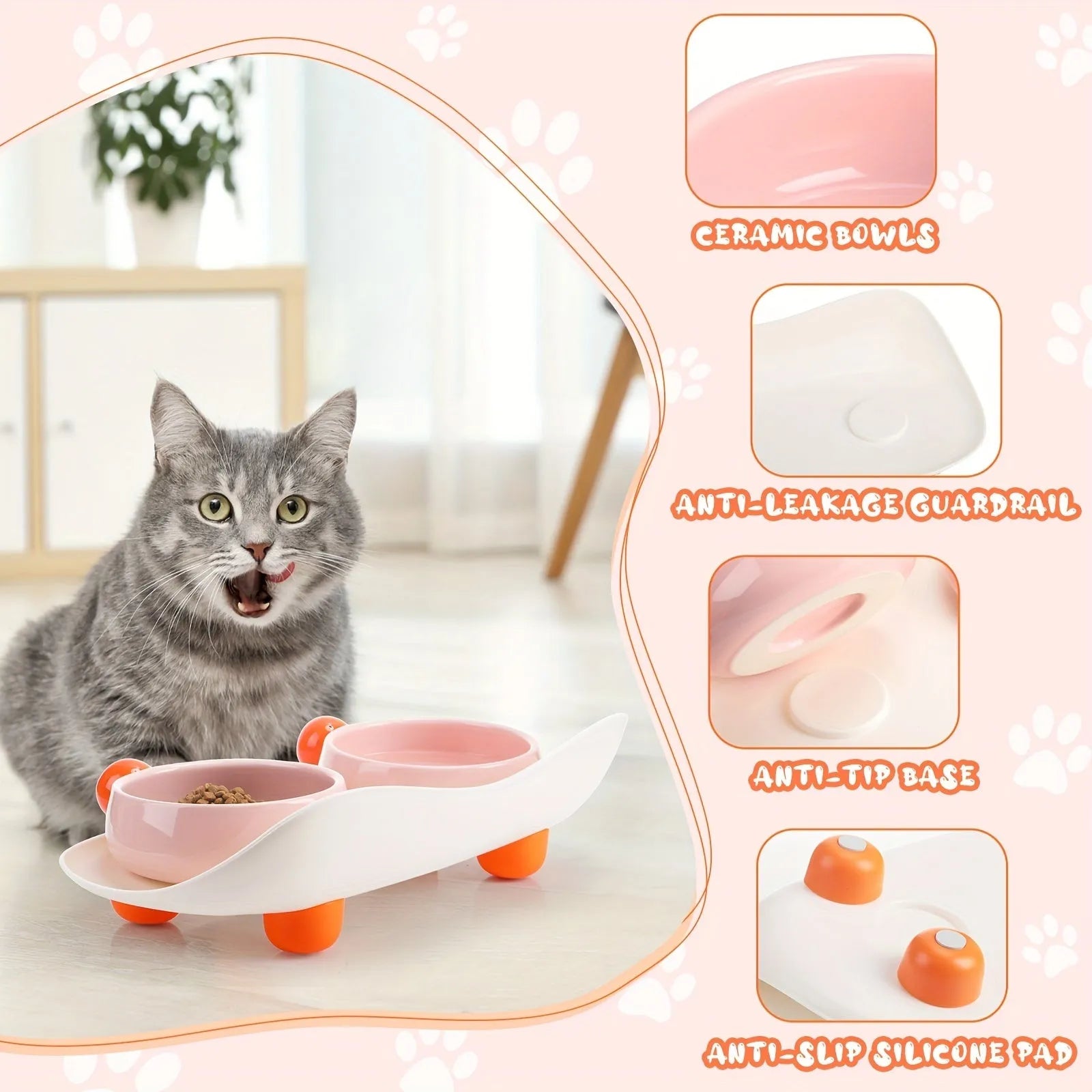 Elevated ceramic pet bowl set in pink with two bowls on a non-slip raised platform.