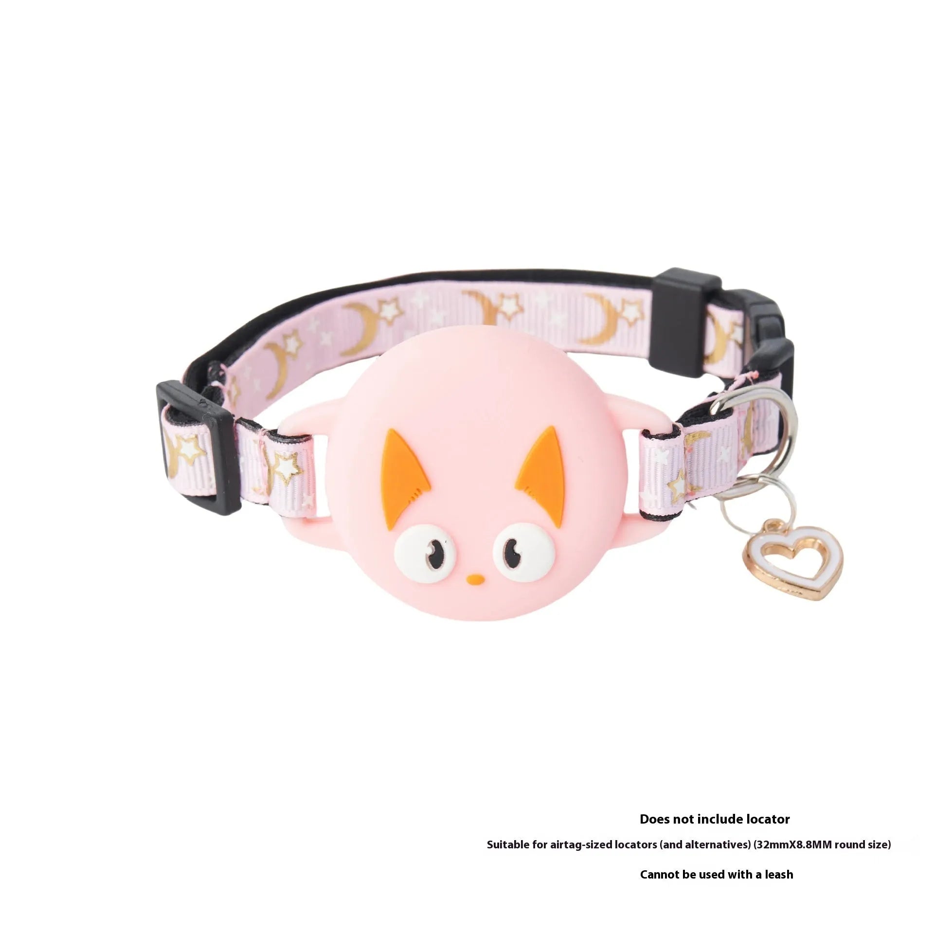 Pink plastic cat collar with built-in white Apple AirTag protective case, shown on S size setting.