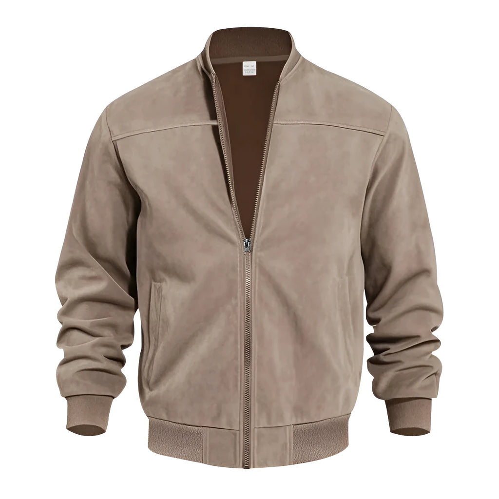 Men's plus-size suede casual zip jacket in Army Green, shown on a model.