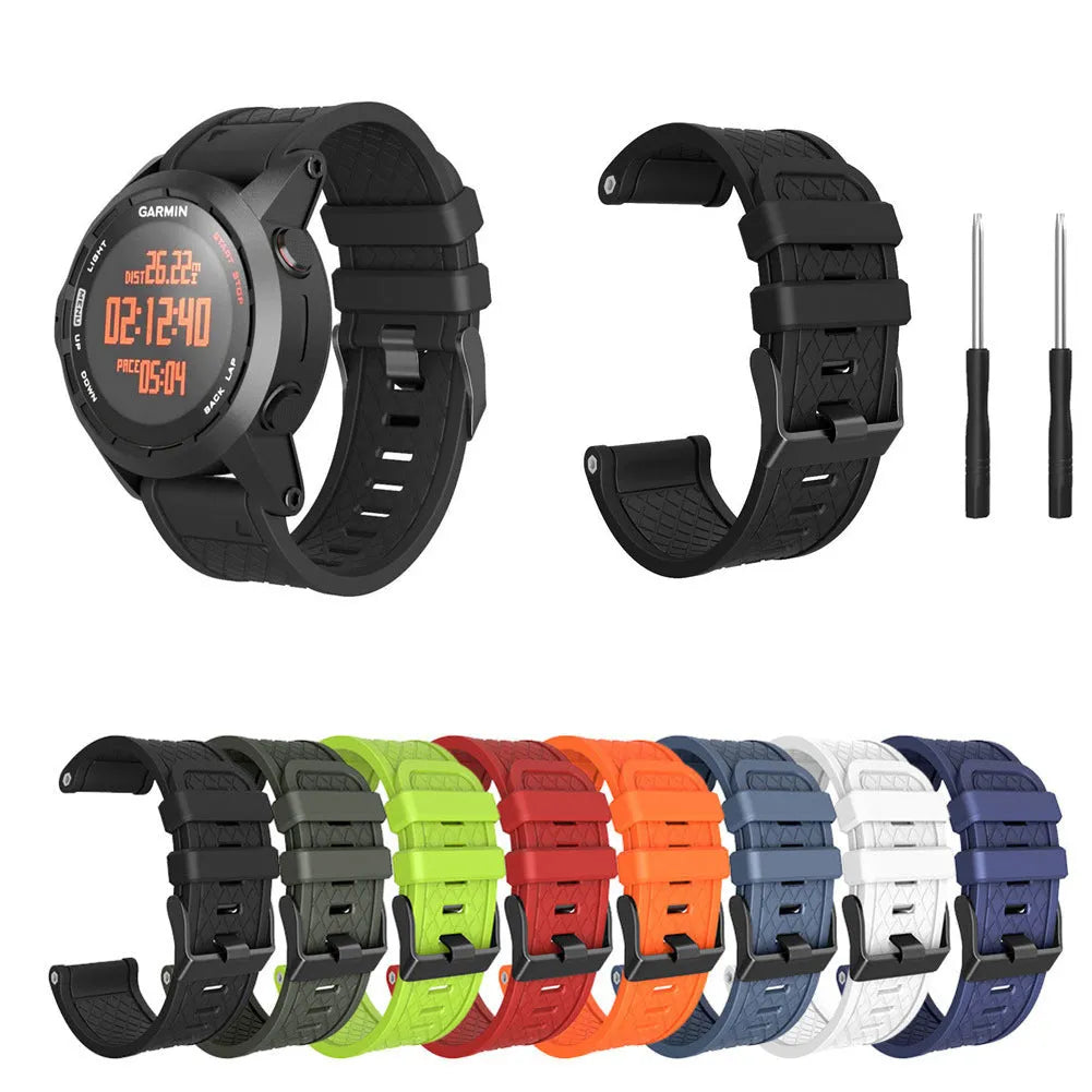 Close-up of a black silicone sports watch strap for a 26mm Jiaming watch case