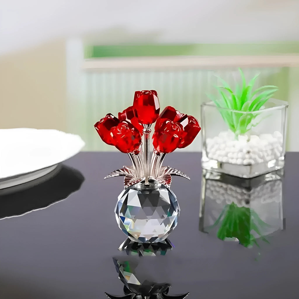 Geometric K9 crystal glass rose ornament in a choice of seven colours on a plain background.