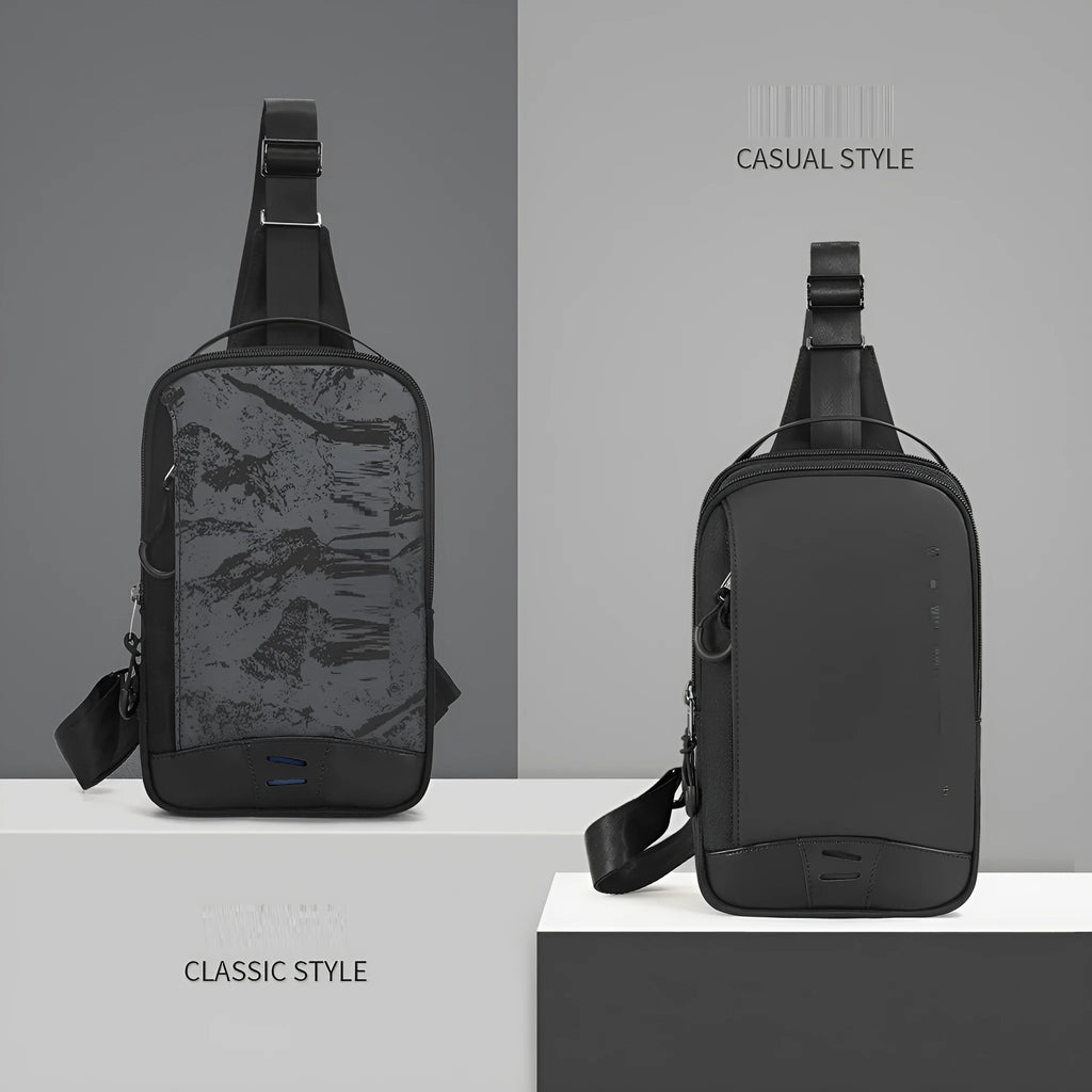 Casual black waterproof chest bag with camouflage pattern, single shoulder strap and soft handle