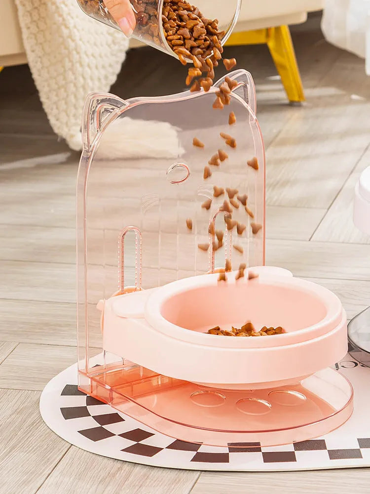 Grey and pink cat feeding bowls with anti-spill design, adjustable height, and removable hanging cage