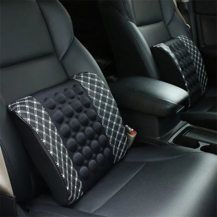 Car lumbar support pillow set in red wine colour with black and red trim includes electric massage option
