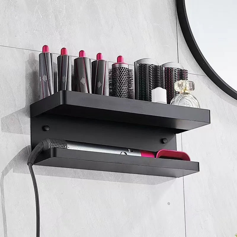 White punch-free double layer bathroom storage rack holding Marcel wavers and hair styling tools