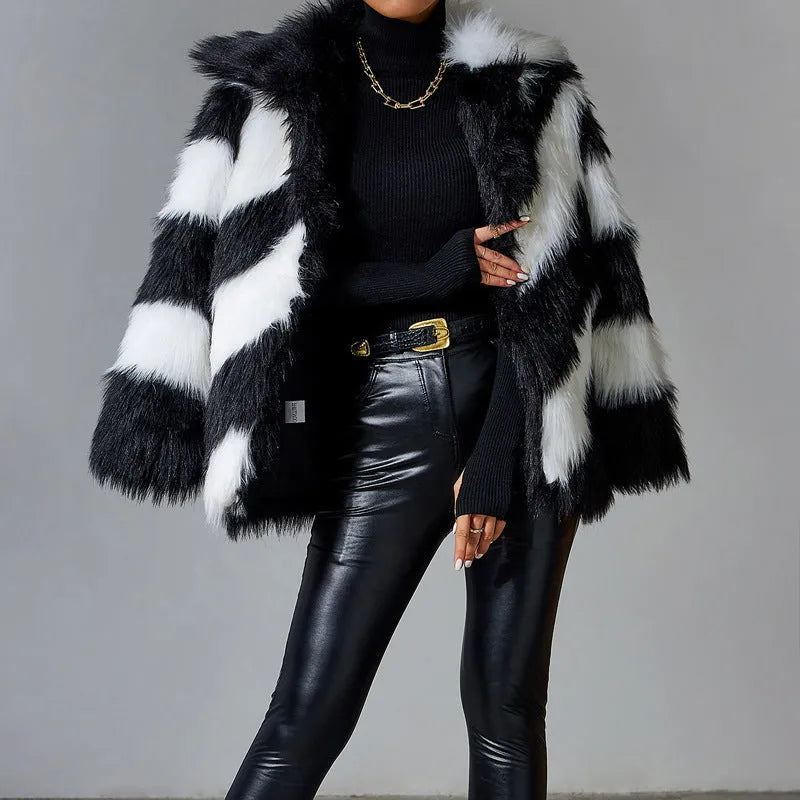 Picture colour faux fur coat with contrast lapel and fur collar, normal length.