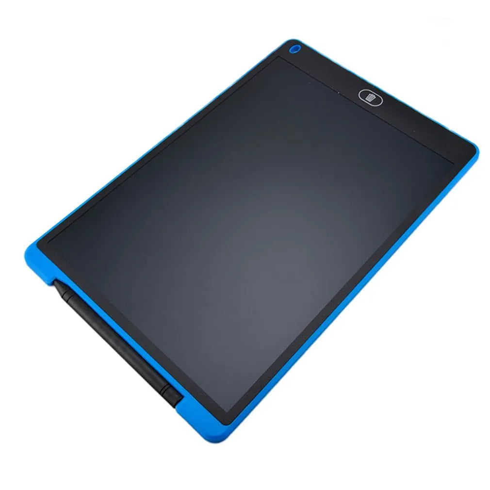 LCD electronic writing board for kids in blue, with stylus pen on the screen.