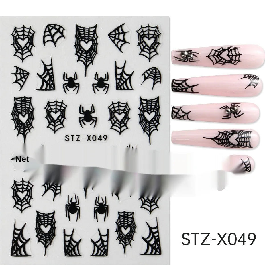 Set of 60 black and silver cartoon pattern nail strip stickers with plastic application patch.