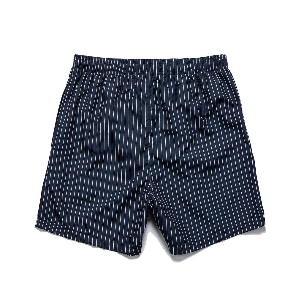 Men's striped polyester shorts with triangle lining in navy blue, straight leg opening for beachwear