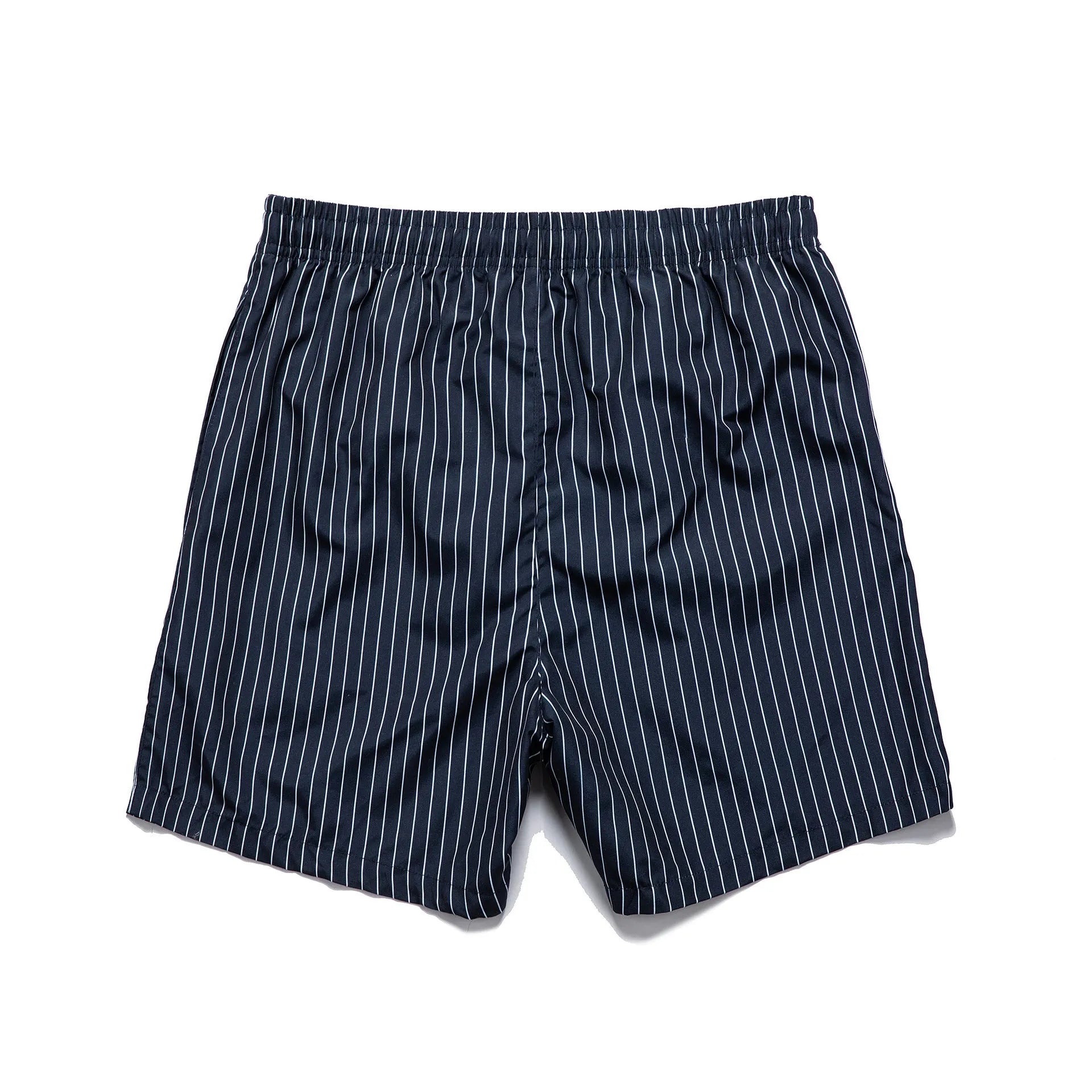 Men's striped polyester shorts with triangle lining in navy blue, straight leg opening for beachwear
