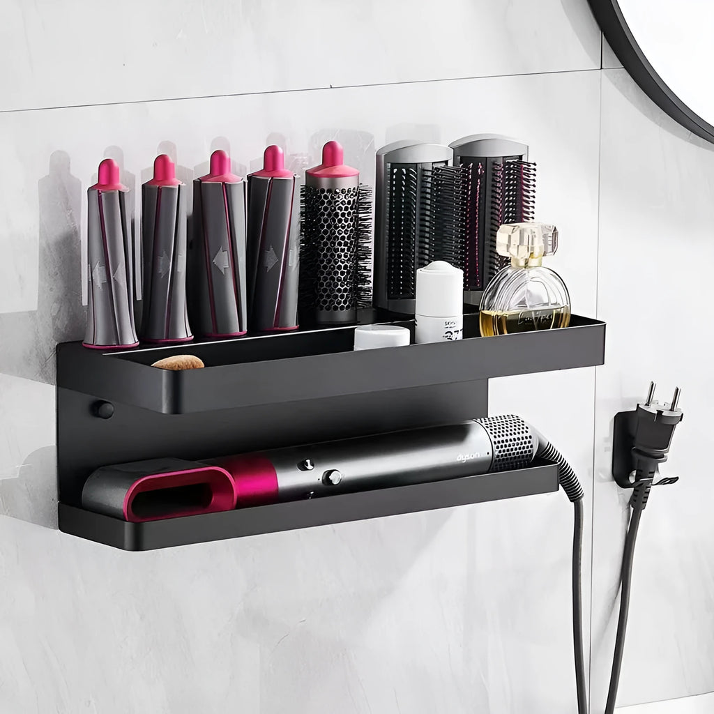 White punch-free double layer bathroom storage rack holding Marcel wavers and hair styling tools