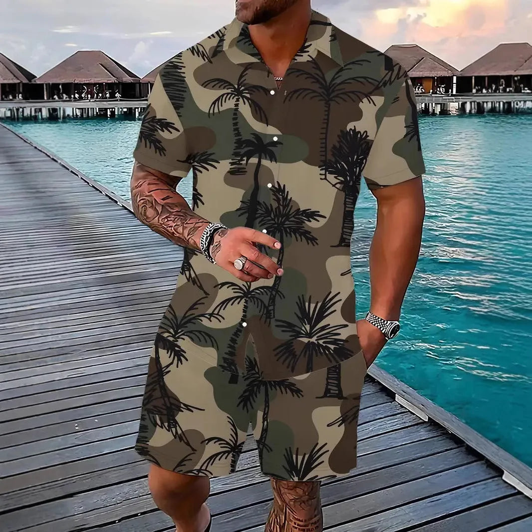 Men's 3D printed Hawaiian patterned shirt and shorts casual set in polyester fabric
