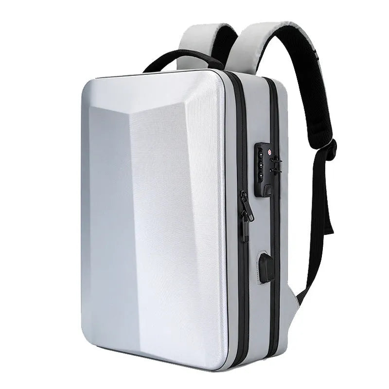 Men's black waterproof business backpack with structured ABS PC shell and curved shoulder straps.