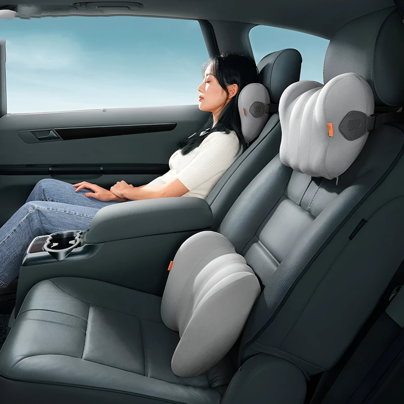 Grey and orange car head pillow and lumbar pillow set with memory cotton filling for suspension bin vehicles