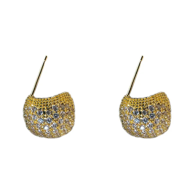Geometric drop-shaped women's earrings with full diamond detailing and golden bean elements