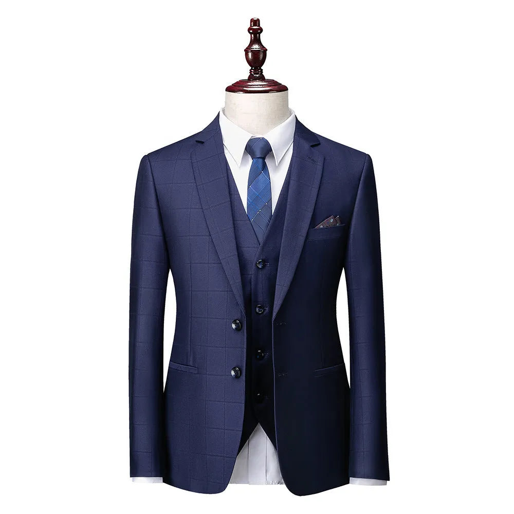 Men's navy blue plaid slim fit three-piece business casual suit with vest