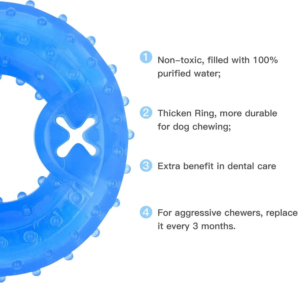 Freezable bone-shaped and circle-shaped dog chew toy for cooling and teething relief.