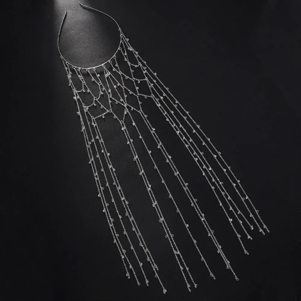 Mesh rhinestone headband with tassel decoration in gold or silver electroplated finish