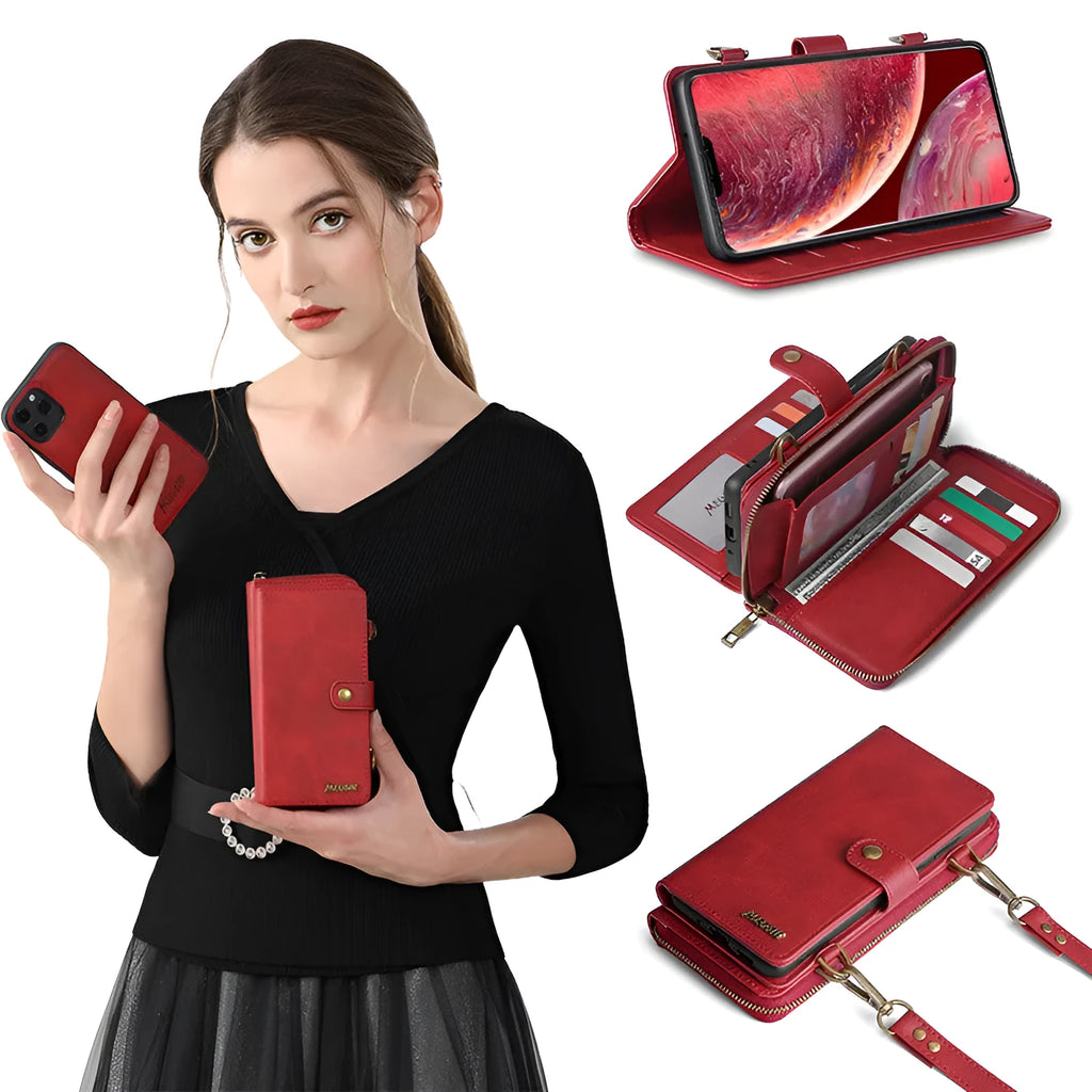Detachable wallet backpack phone case with leather flip cover in black, blue, brown, or red
