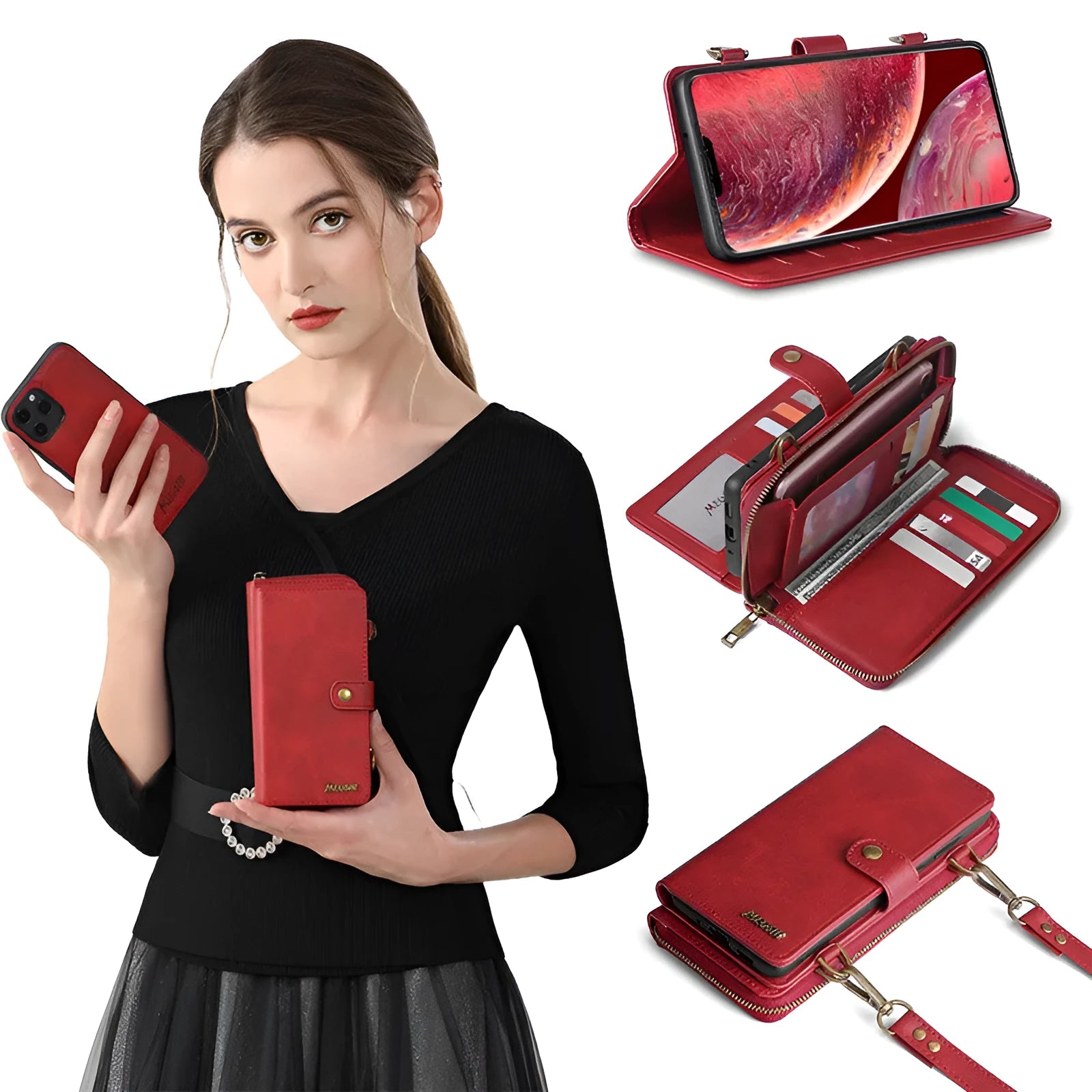 Detachable wallet backpack phone case with leather flip cover in black, blue, brown, or red