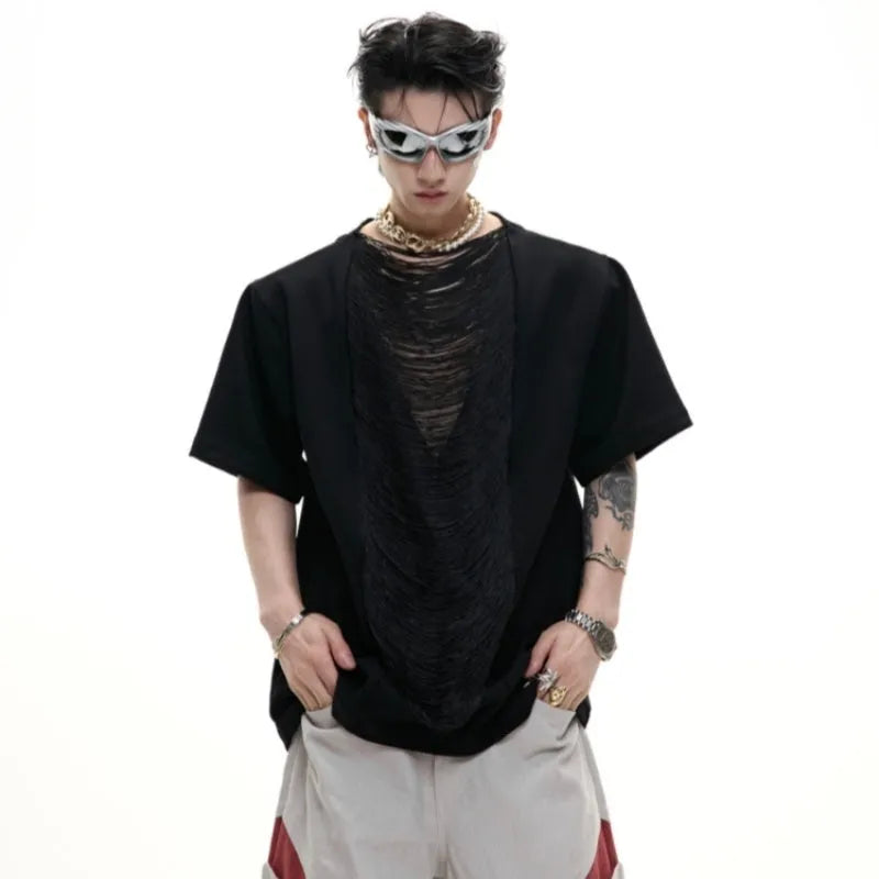Men's black polyester t-shirt with V-neck hollow out design and loose fit