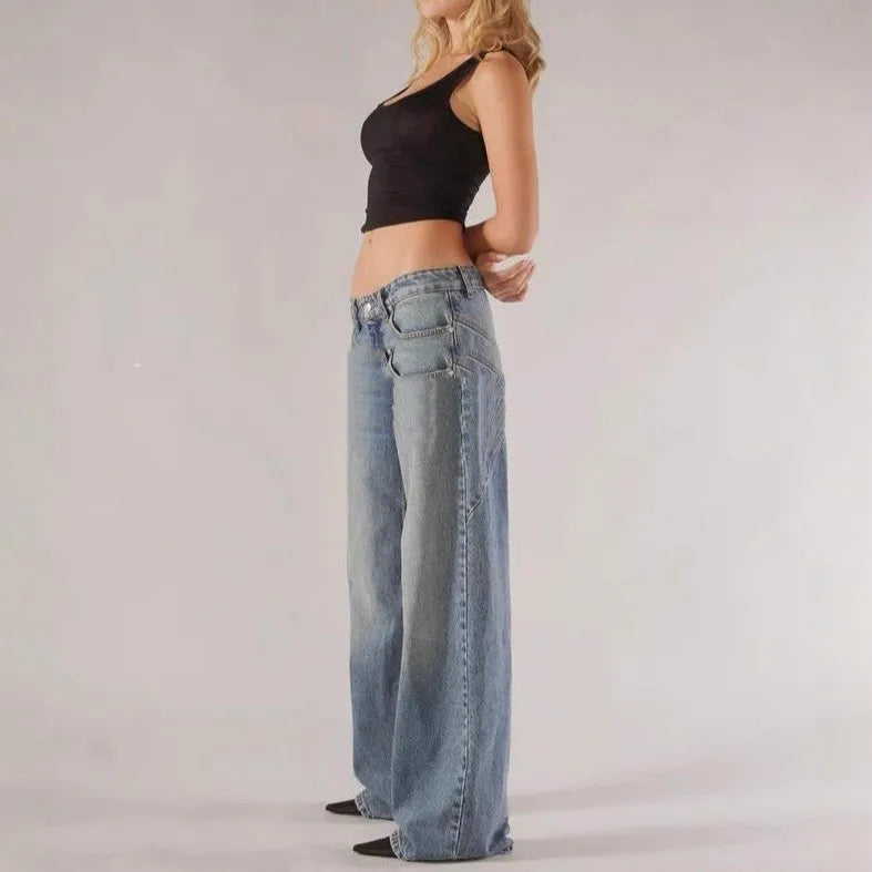 Blue loose straight wide leg cotton mop trousers with low waist and splicing detail