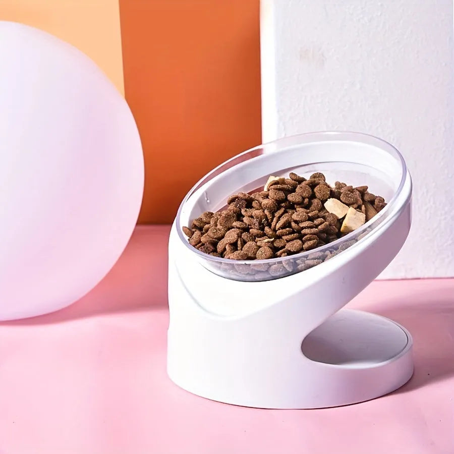 White elevated cat food bowl with anti-vomit tilt design for neck protection