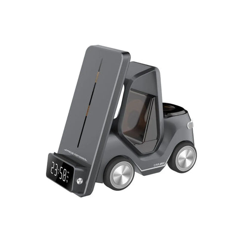 Grey 15W three-in-one wireless charging stand holding a phone, watch, and earbuds