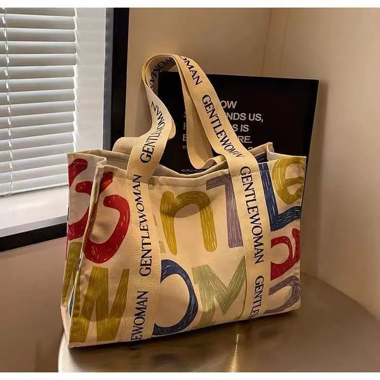 Large canvas tote bag with printed letter or pattern design for women