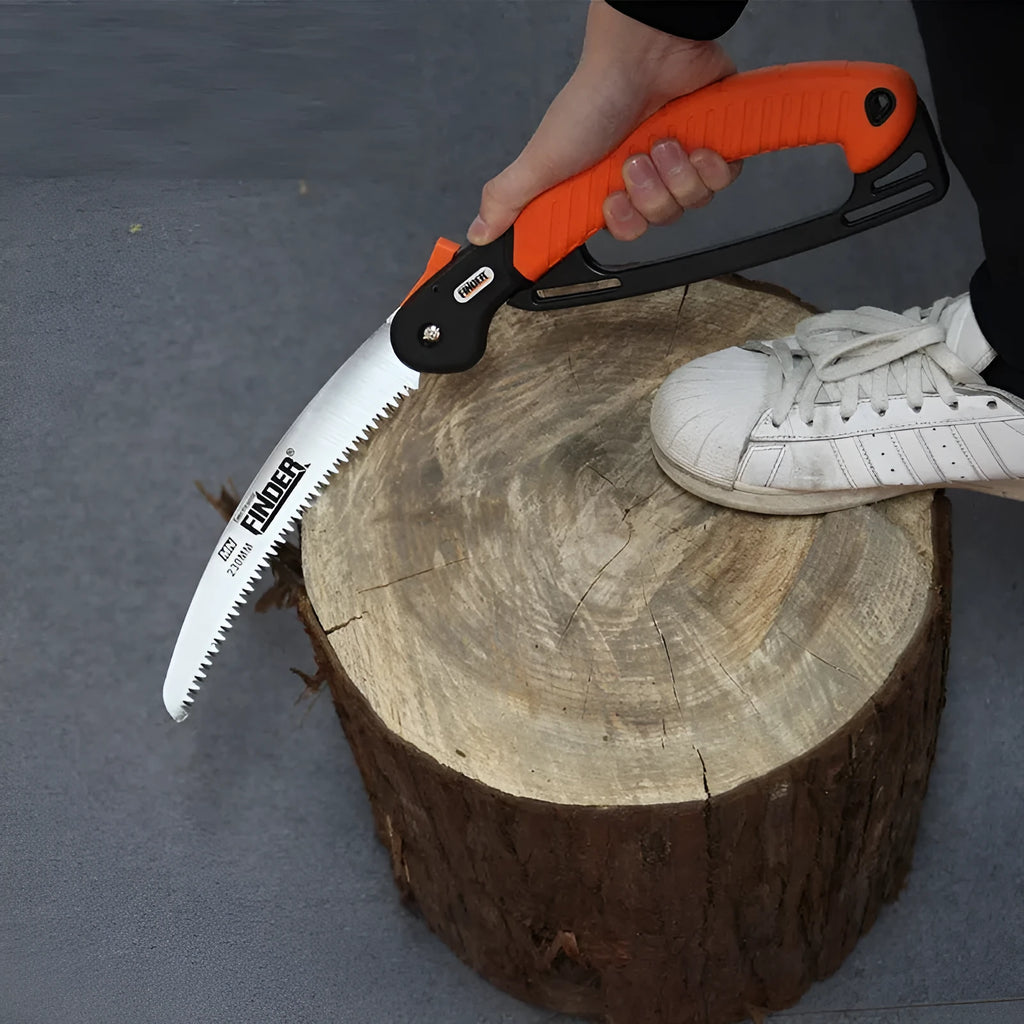 Folding garden saw with 230mm steel blade and TPR grip handle in open position