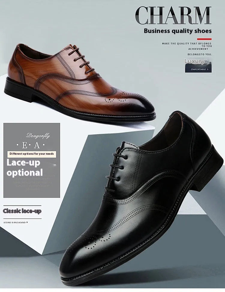 WC85505 Black formal leather brogue shoes for men with pointed-toe lace-up design, low heel, and rubber sole