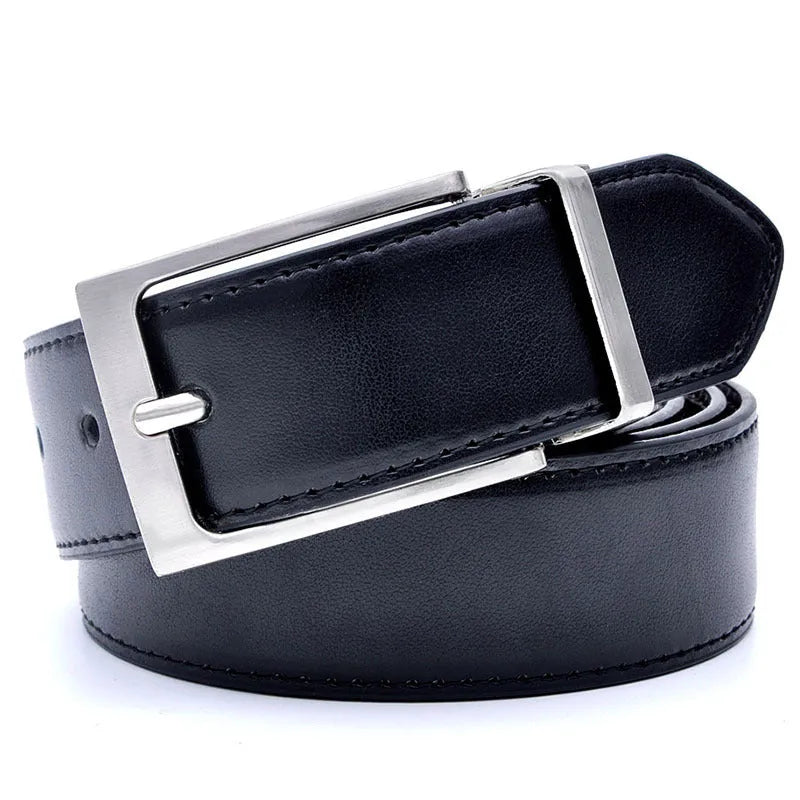Men's dark brown and black genuine leather belt with a silver rotating pin buckle.