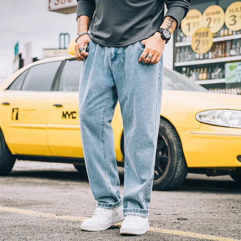 Men's loose straight simple jeans in cotton available in dark blue, light blue and grey colours