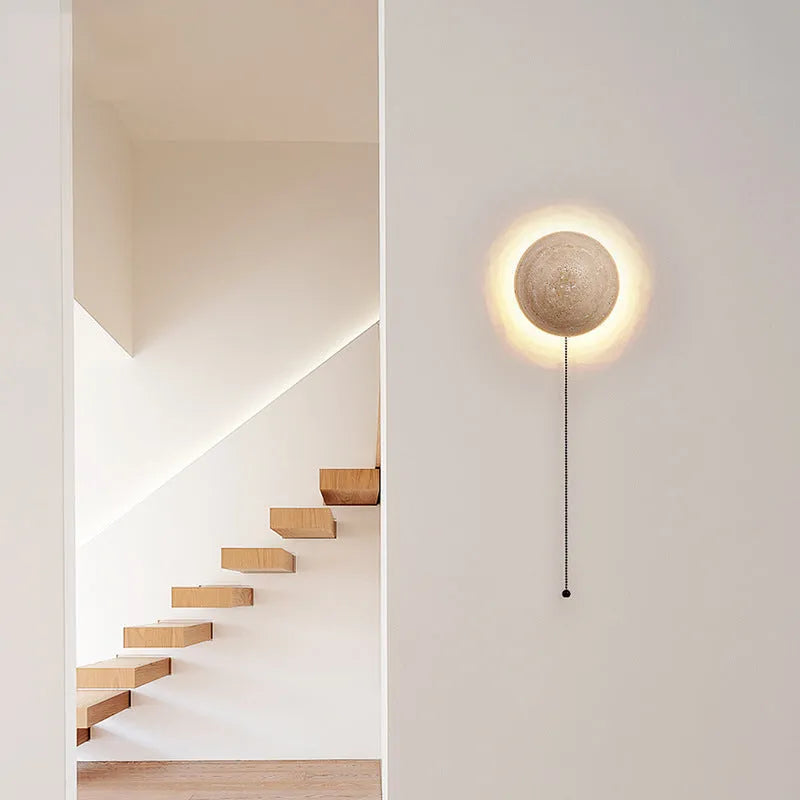 Vintage semicircle wall lamp with yellow cave stone shade and iron construction, 15cm diameter with pull switch