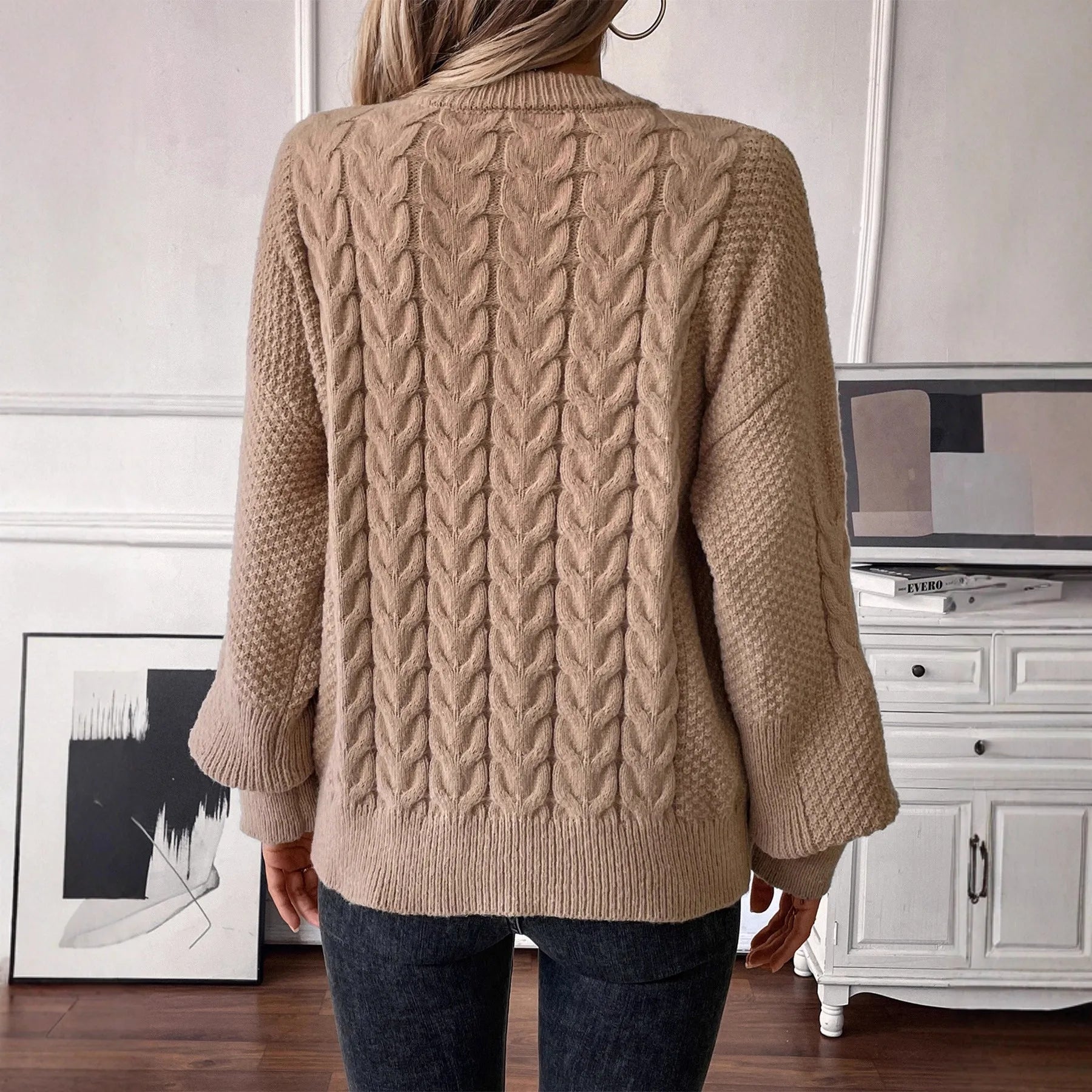 Women's beige casual pullover sweater with twist detail, round neckline and loose fit