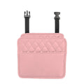 Black leather hanging car storage bag mounted on car headrest showing 25cm dimensions