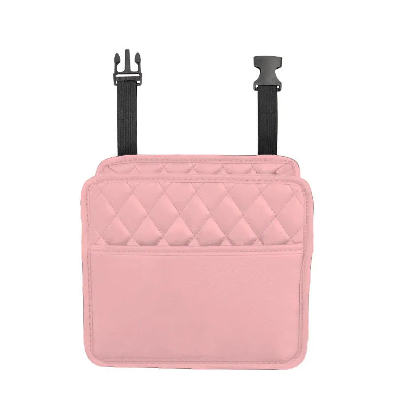 Black leather hanging car storage bag mounted on car headrest showing 25cm dimensions