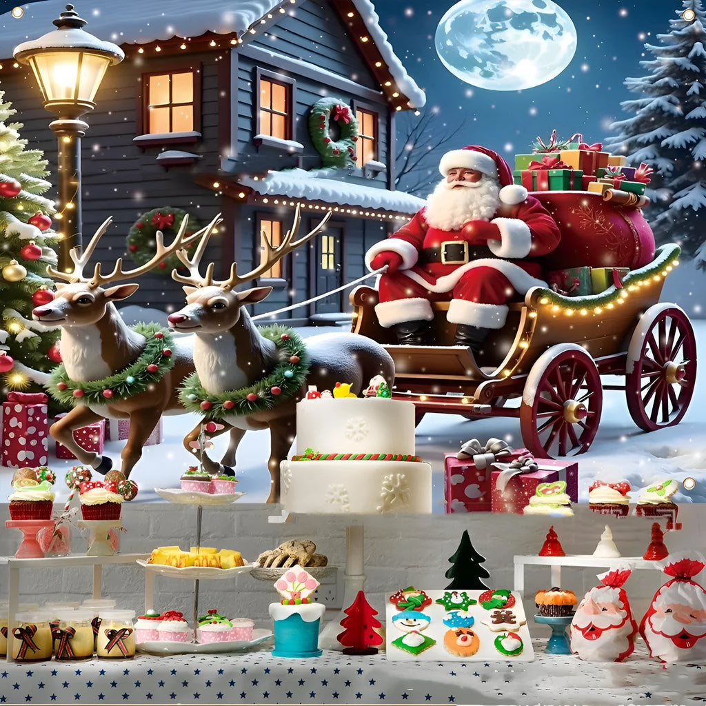 Red Christmas banner with Santa Claus print measuring 210cm wide by 150cm high