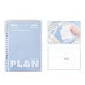 A5 spiral notebook with transparent PVC cover in blue, showing loose pages inside, next to a white version.