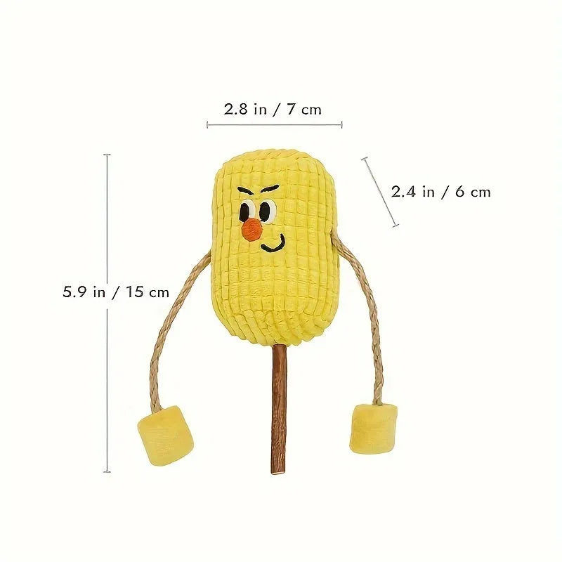 Corn cob shaped cat chew toy made from natural polio wood with catnip, measuring 7cm by 6cm by 15cm.