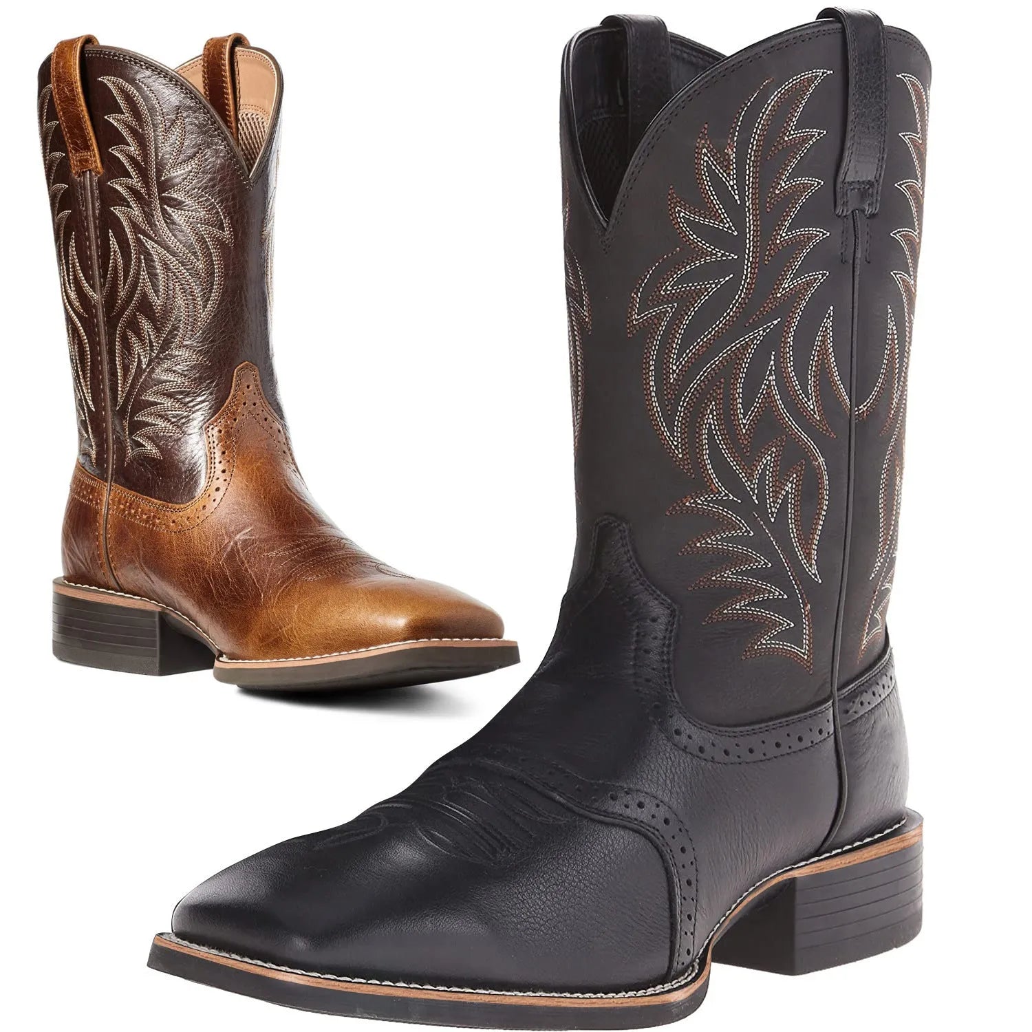 Men's black western cowboy boots with high embroidery stitching and wide square toe