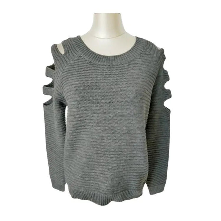Grey women's knitted shirt with hollow-out crochet pattern, round neck and long sleeves.