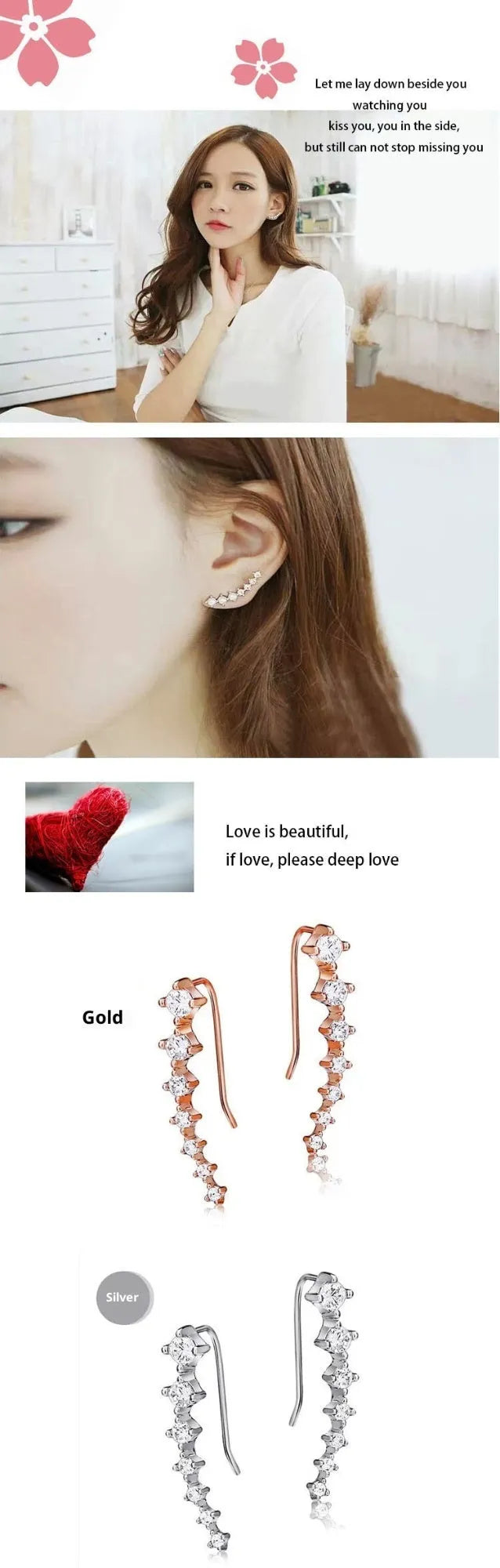 925 sterling silver ear-sticking ear hook studs with crystal inlay geometric shape 2.3cm length women's silver earrings