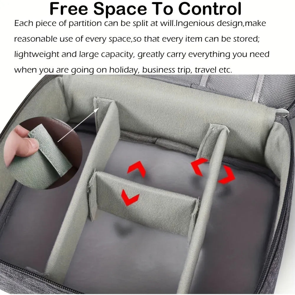 Black waterproof electronics organiser bag open to show mesh pockets, elastic loops and removable padded dividers inside.