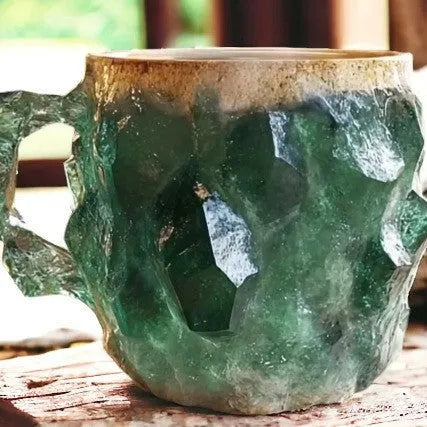 Purple and blue resin coffee mug with crystal texture and handle on wooden table