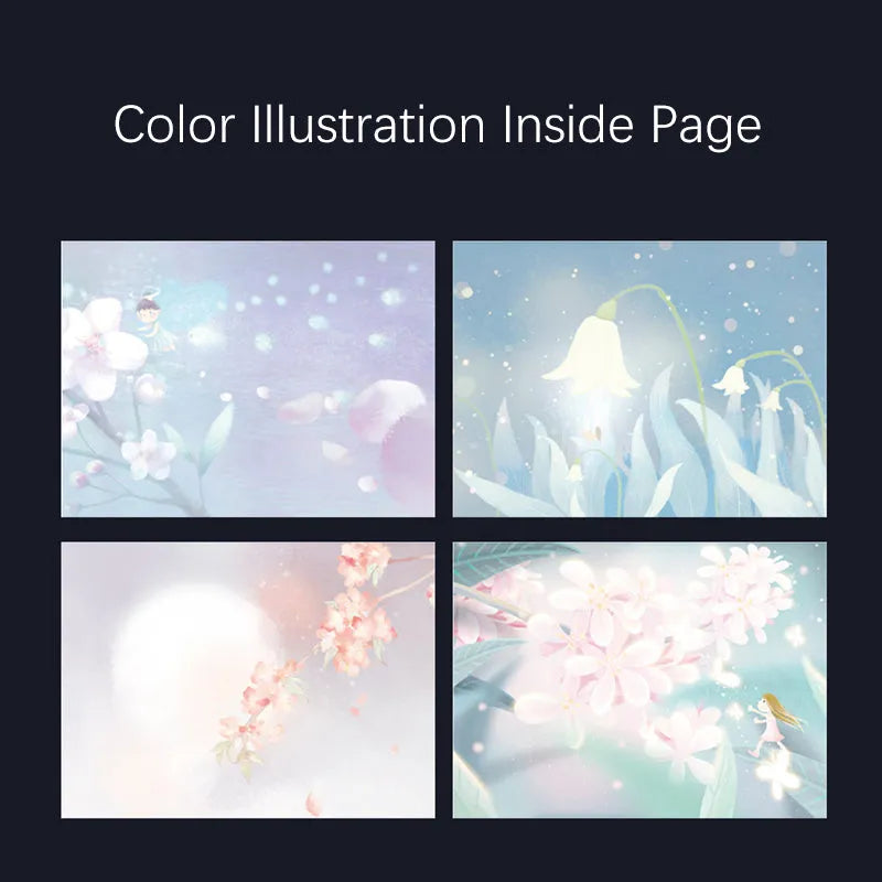 A5 notebook with luminous cover showing colour illustrations on open pages